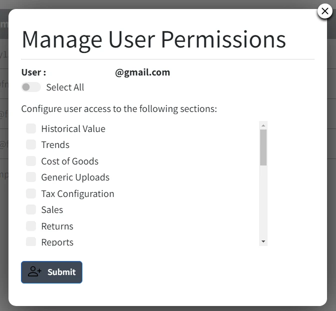 Shopkeeper Manage User Permissions dialog: checkboxes to change which sections an invited user can access