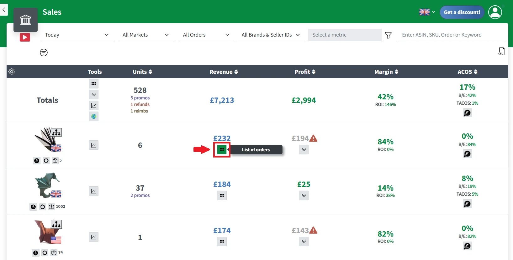 Shopkeeper Sales page with the List of orders button under a product's revenue highlighted