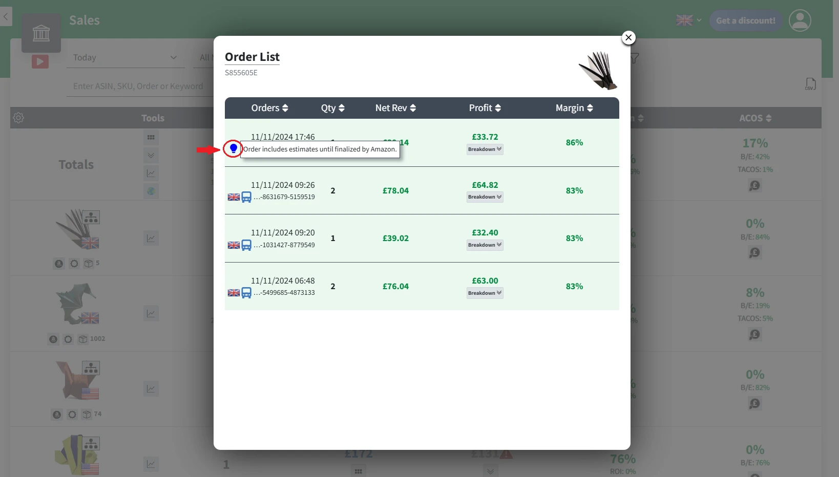 Order List with the blue lightbulb tooltip: “Order includes estimates until finalized by Amazon”