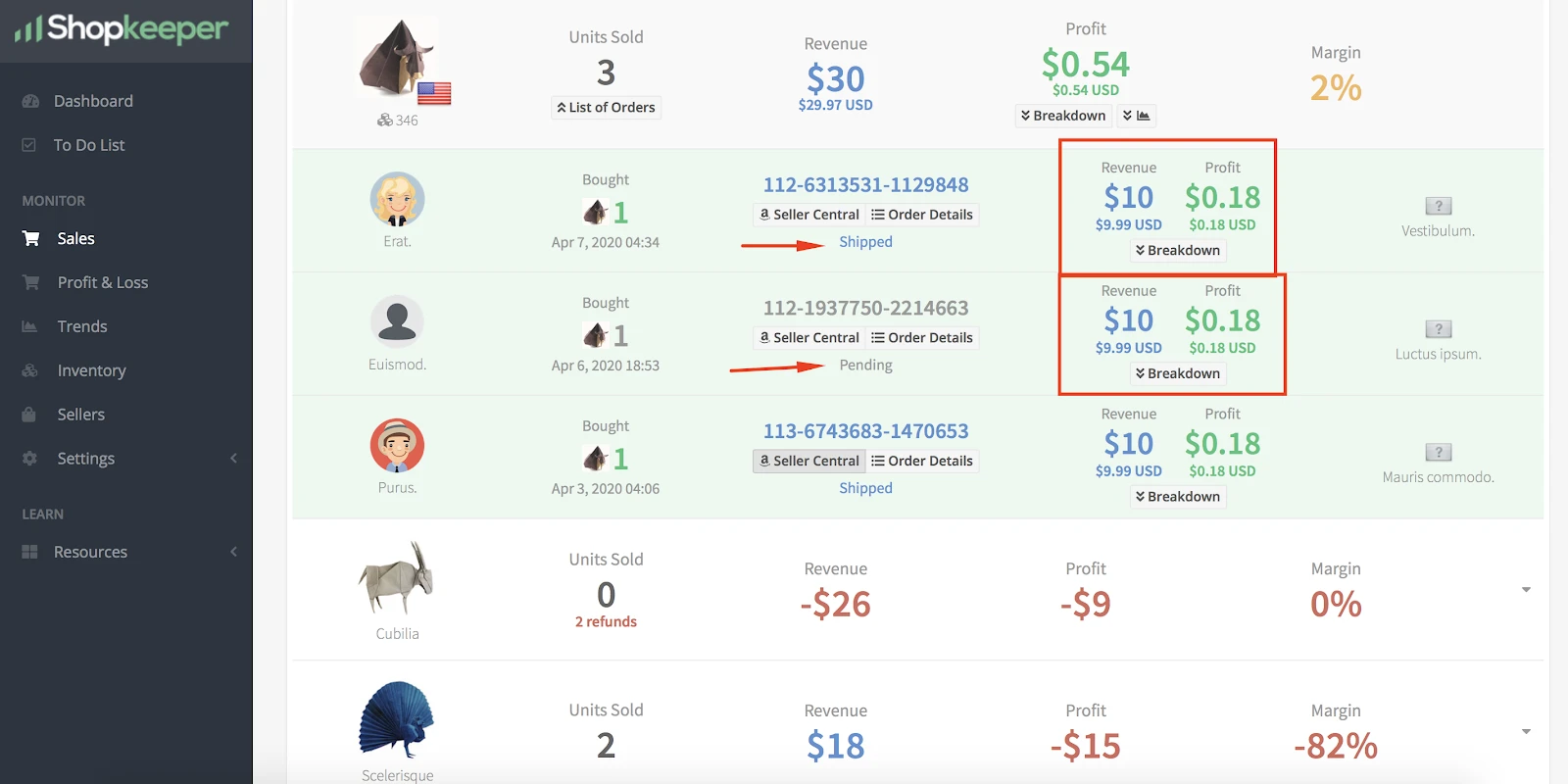 Vendite in Shopkeeper: un ordine «Pending» accanto a uno «Shipped», entrambi con $10 di entrate e $0,18 di profitto