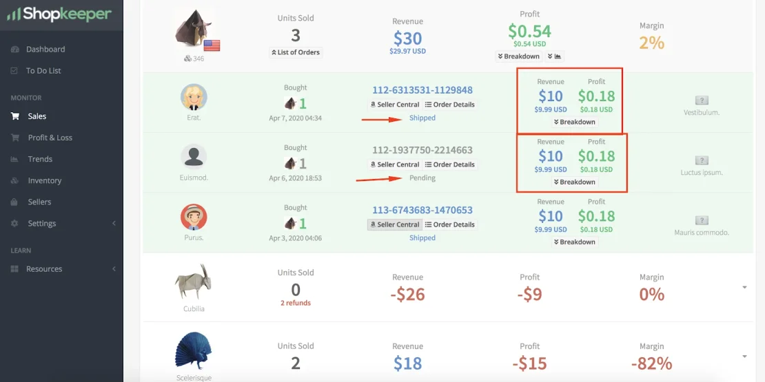 Vendite in Shopkeeper: un ordine «Pending» accanto a uno «Shipped», entrambi con $10 di entrate e $0,18 di profitto