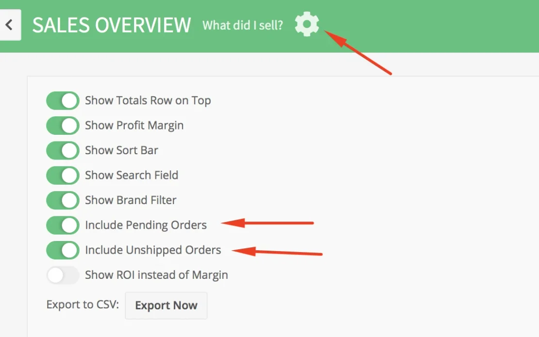 Impostazioni di Sales Overview in Shopkeeper con frecce su «Include Pending Orders» e «Include Unshipped Orders»