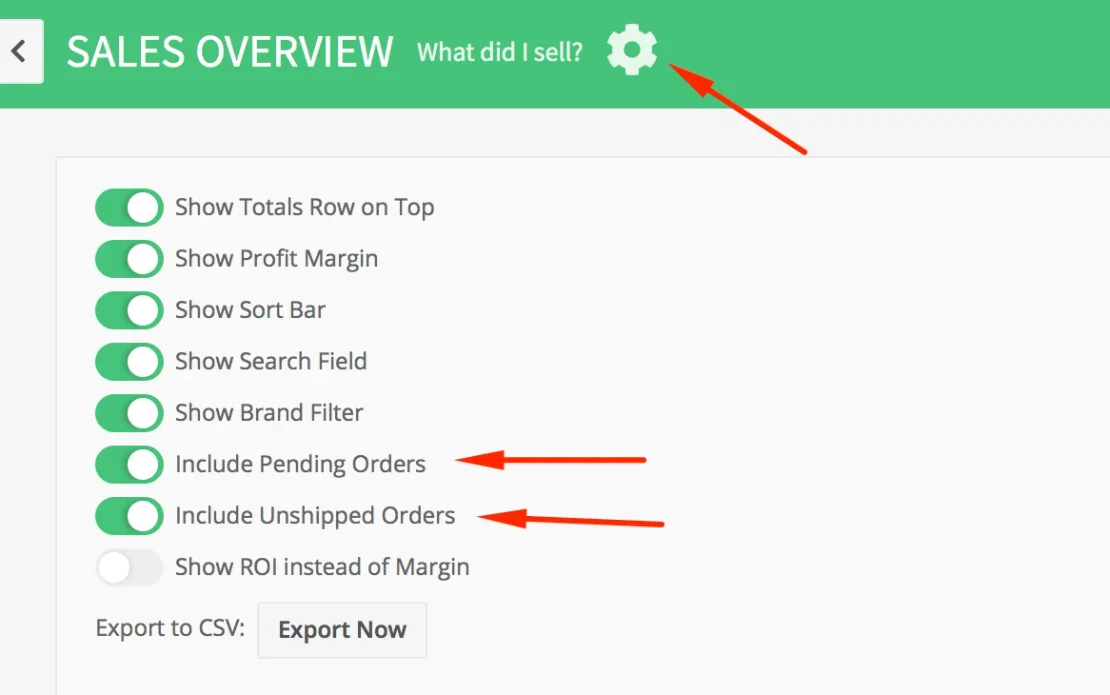 Einstellungen der Sales Overview über das Zahnrad: „Include Pending Orders“ und „Include Unshipped Orders“ markiert